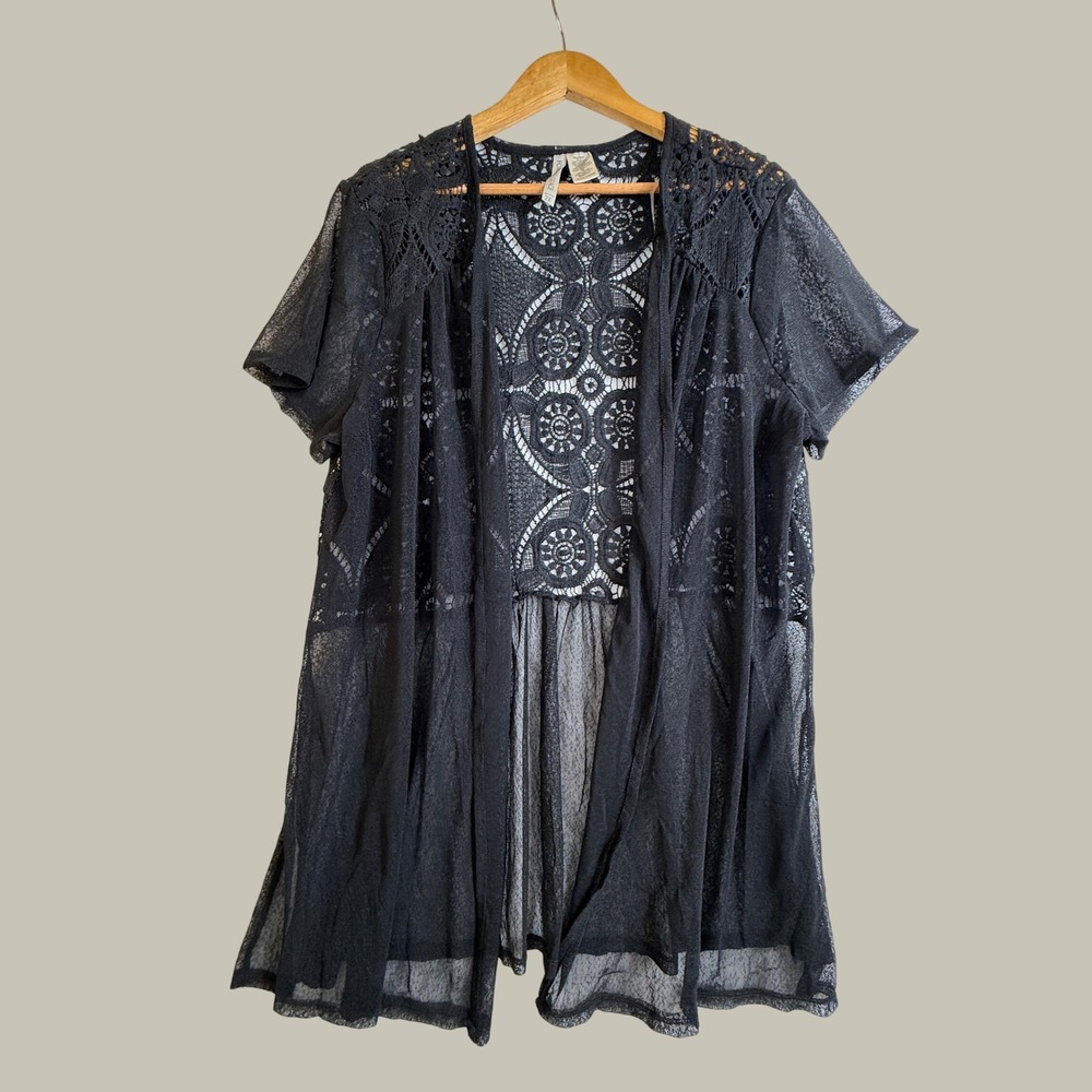 Forgotten Grace Black Crochet Lace Mesh Open Front Cardigan Boho Wrap 2X ST8222X